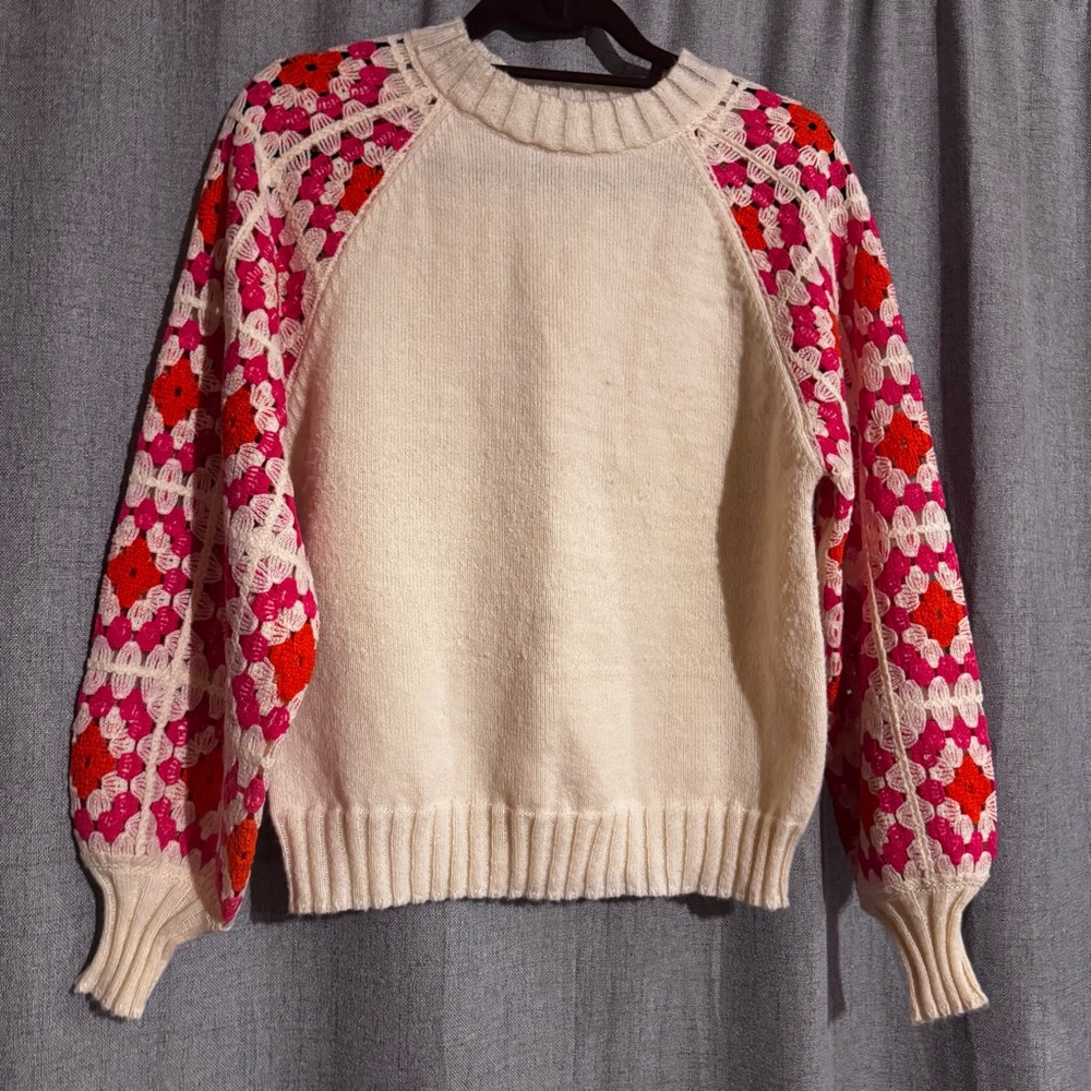Bunulu Women’s Small Cream Sweater Crochet Granny Square Sleeves Boho Wool Blend - Picture 5 of 10